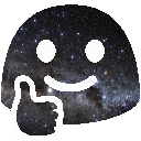 A blob emoji with its yellow coloring replaced by a photo of deep space, smiling and holding its hand up in a thumbs up.