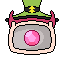 A non-face-covering white mask with bear ears on top, with devil horns on top, with yet another green hat with a yellow buckle layered on top, with a pink gem in the hole of the hat.