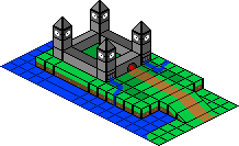 An isometric castle with eyes on the 4 towers.