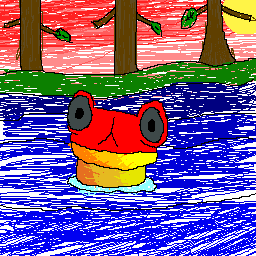 Artwork of a red-orange frog floating in a river. Behind the frog at the river's bank, is 3 trees in a forest with a sun setting behind them.