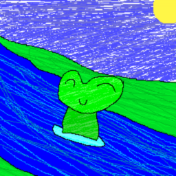 Artwork of a happy lime green frog flowing down a river.