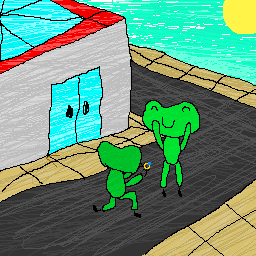 Artwork of two frogs standing beside a mall with a red roof, one proposing to the other. The one being proposed to looks very happy. In a subversion of expectations, this is actually a very happy image.