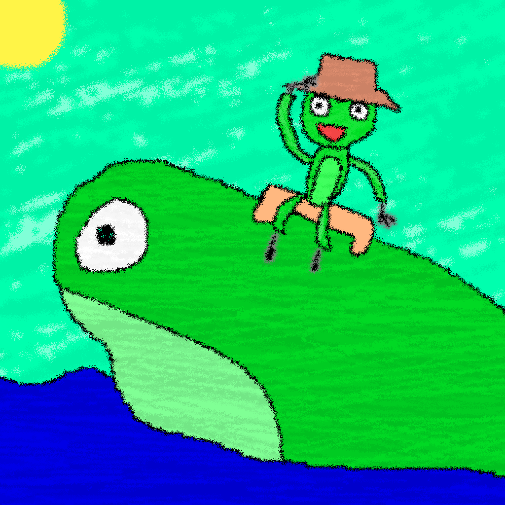 Artwork of a green frog with a cowboy hat riding a... gigantic frog across the sea.