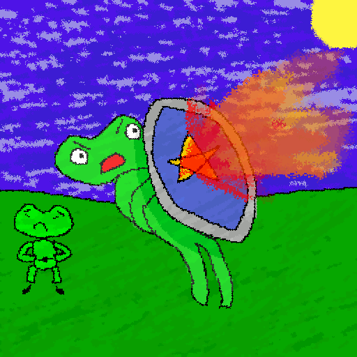 Artwork of a heroic green frog defending a younger frog from a ferocious fireball attack. The hero frog has a blue shield with a yellow star on it.