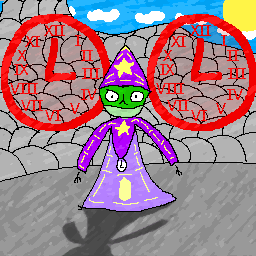 Artwork of a green frog wearing purple wizard robes, with a time pendant hanging from the top piece of the robe. To the left and right of the frog are two red clocks.
