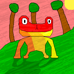 Artwork of a red-orange frog that is very geometric, standing on the grass in front of 3 trees.