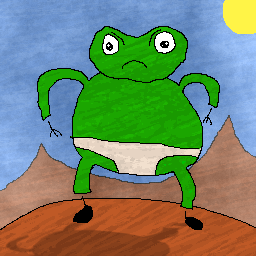 Artwork of a green frog wearing sumo garb in a foggy volcanic mountainous region.