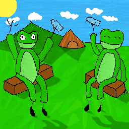 Artwork of two green frogs sitting on logs making a toast with two bottles. Behind them is their camping lodging.