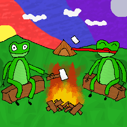 Artwork of two green frogs sitting on logs roasting marshmallows at sunset. Behind them is their camping lodging.