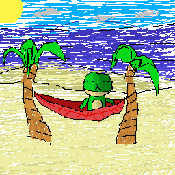 Artwork of a green frog sitting on a hammock on a beach. The hammock sits between two palm trees, and the sun is in the top left corner.