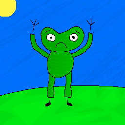 Artwork of a cowardly frowning frog with its hands up in surrender