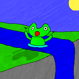 Artwork of a frog moments before falling down a waterfall, screaming and waving its arms in panic.
