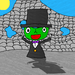 Artwork of a small frog with a black top hat and robe on, with its arms held out wide. It has a purple boetie, white shirt under the robe, and a gold medal.