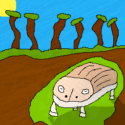 Artwork of a pale toad sitting on a grassy spot in mudlands.