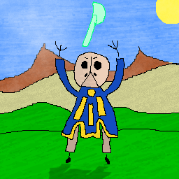 Artwork of a pale toad in blue wizard robes casting an ephemeral glowing axe.