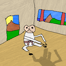 Artwork of a pale toad in a white gi with a brown belt stretching its left leg.