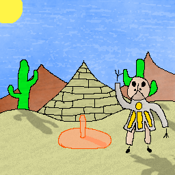 Artwork of a pale toad in sandy wizard robes waving at the viewer in the desert, with cacti and a pyramid in the background. They are casting an ephemeral orange sundial.