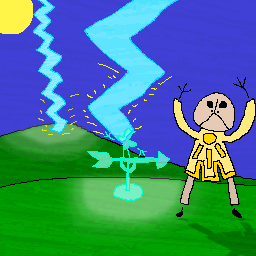 Artwork of a pale toad in yellow wizard robes casting an ephemeral blue weather vane to summon a thunderbolt on the ground.