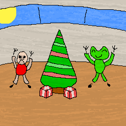 Artwork of a pale toad with a red shirt and a green frog in front of a christmas tree with 2 presents in front of it, cheerful that it's time to open them.