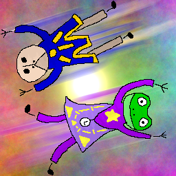Artwork of a green frog in purple wizard robes and a pale toad in blue wizard robes flying past each other, going opposite directions. Behind them is a nebula of colors with the sun behind it.