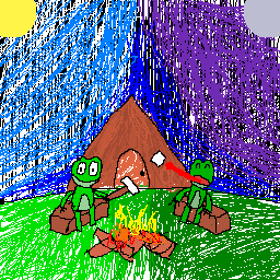 Artwork of two green frogs sitting by a camp fire. The sky shows two scenes, one of midday and midnight to the left and right respectively. The left frog is roasting a marshmallow by a fire, while the right one is grabbing a marshmallow with its elongated tongue. Behind the frogs is their lodging.