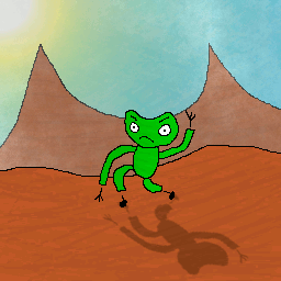An animation of an angry green frog moving back and forth as though running through a training exercise.