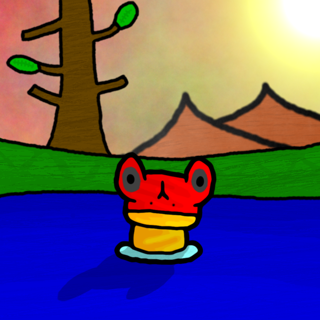 Artwork of a red-orange frog in a river. On the bank of the river is a tree, and to the right in the distance is a mountain.