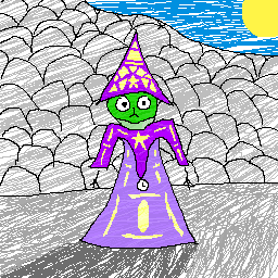 Artwork of a green frog wearing purple wizard robes, with a time pendant hanging from the top piece of the robe.