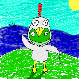 Artwork of a green frog wearing a chicken suit in front of a cliff above the sea, waving at the viewer.