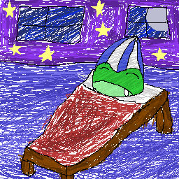 Artwork of a green frog laying in bed in their bedroom drooling in sleep. The frog is wearing blue and white pinstripe pajamas. The bedroom has a blue floor and a starry sky wallpaper, and the moon can be seen outside the window.