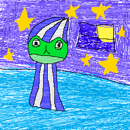 Artwork of a green frog standing in their bedroom, with barely open eyes due to exhaustion. The frog is wearing blue and white pinstripe pajamas. The bedroom has a blue floor and a starry sky wallpaper, and the moon can be seen outside the window.