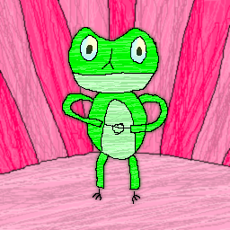 Artwork of a lime green frog standing on a pink stage with a pinstripe background behind them. I would do anything for them, they are so cute.